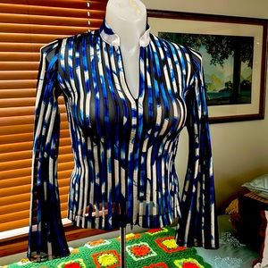 JS Collections Mesh Ribbed Striped Zippered Top  Bell Sleeve